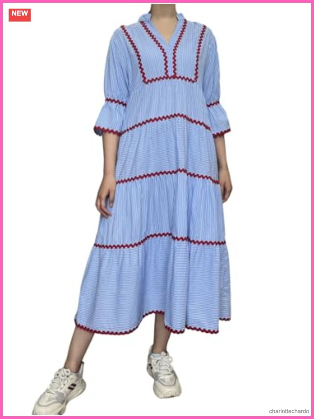 Boho Striped Ric Rac Maxi Dress Flutter 3/4 Sleeve